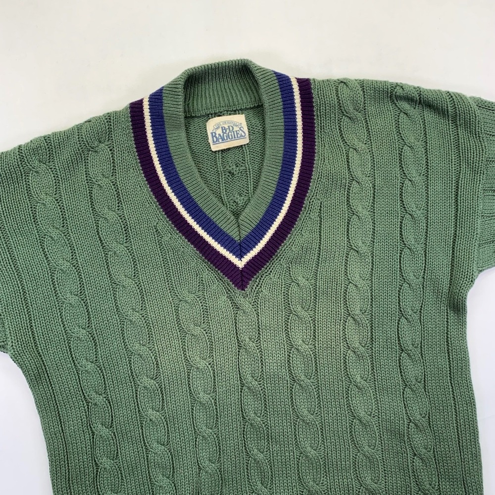 Vintage B.D. Baggies Cable Knit Sweater L/XL? V Neck Green Pullover Striped - Picture 2 of 9